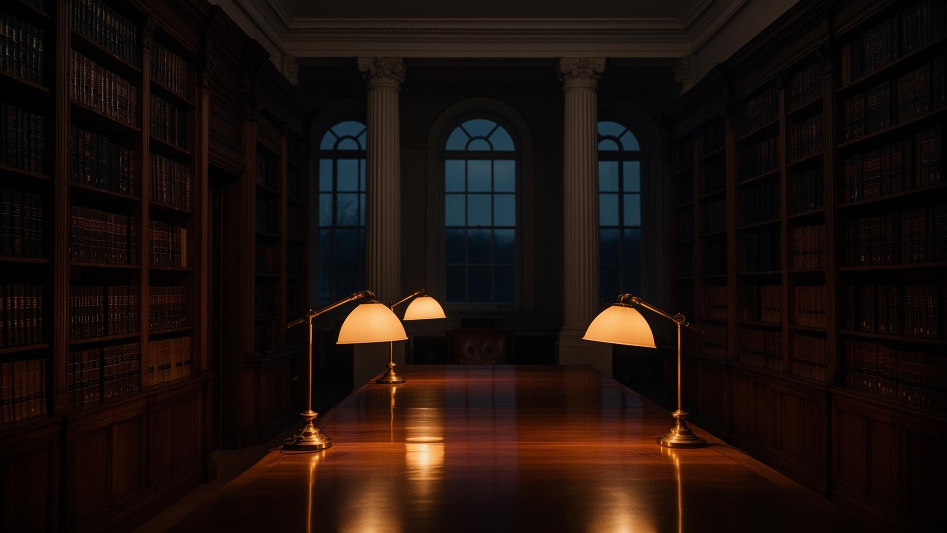 Classical law library at dusk